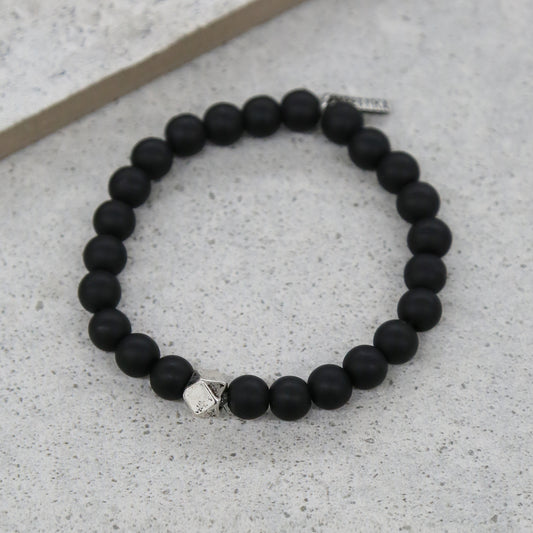 Onyx Stretch Bracelet with Large Silver Colored Cornerless Bead, 3"