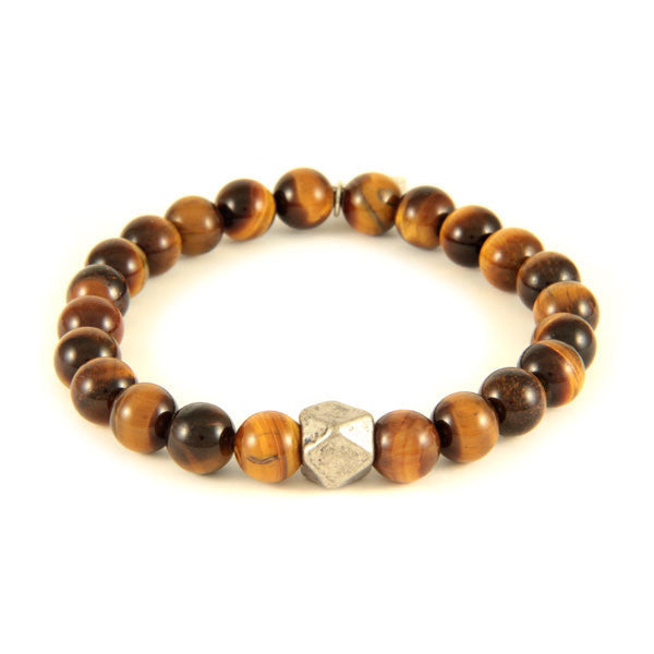 Elastic Bracelet with Semi Precious Tiger's Eye Stones and Faceted Bead