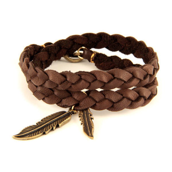 Brown Braided Deerskin Bracelet with Brass Feather Pendants