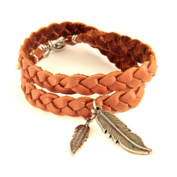 Rust Braided Deerskin Bracelet with Silver Feather Pendants