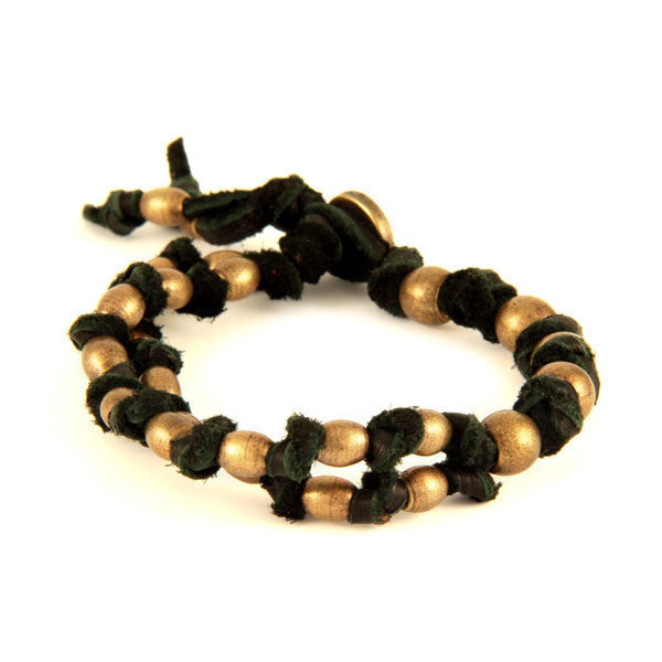 Mens Black Knotted Leather Bracelet with Brass Beads