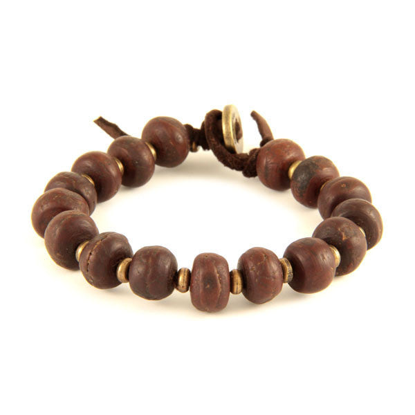 Bodhi Seed and Brass Tiny Disc Bead Spacer on Brown Leather Bracelet