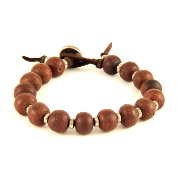 Bodhi Seed and Silver Tiny Disc Bead Spacer on Brown Leather Bracelet