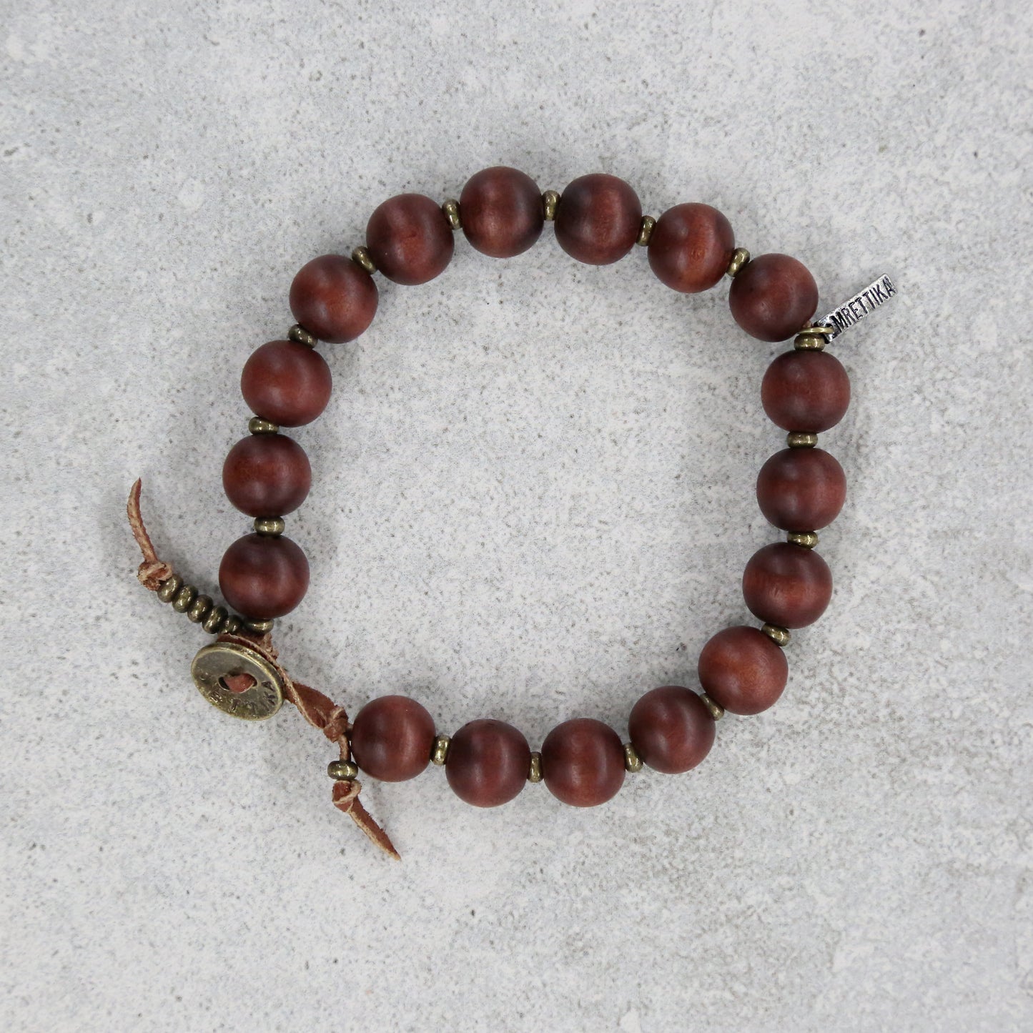 Bodhi Seed and Brass Tiny Disc Bead Spacer on Rust Leather Bracelet
