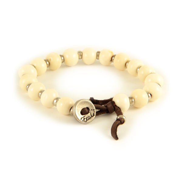 White Bone Bead and Silver Tiny Disc Spacer Bead on Brown Leather Bracelet