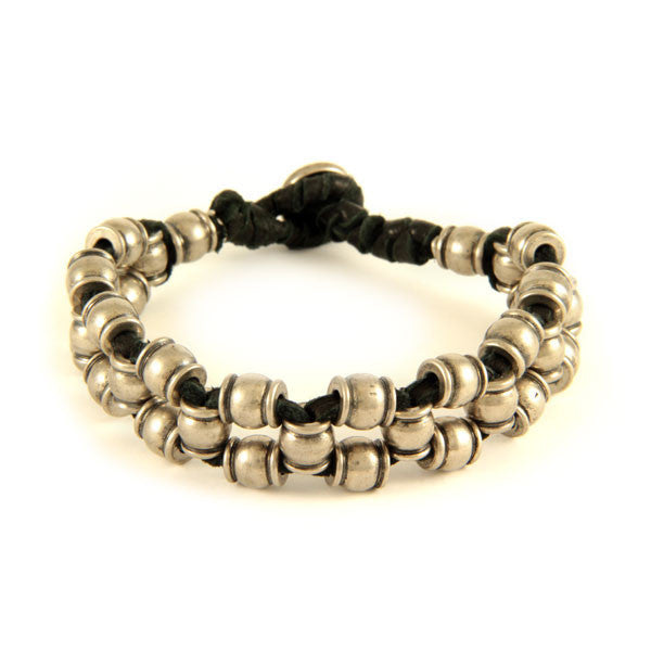 Mens Black Leather Bracelet with Silver Collared Barrel Beads