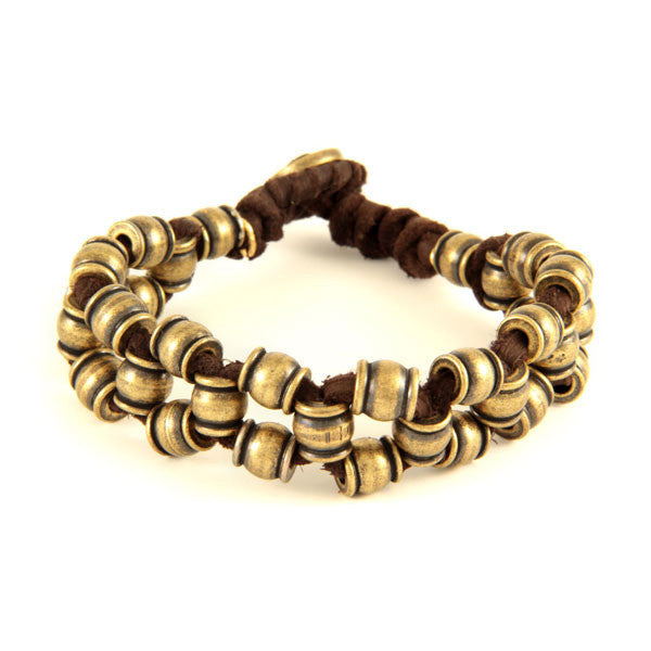 Mens Brown Leather Bracelet with Brass Collared Barrel Beads