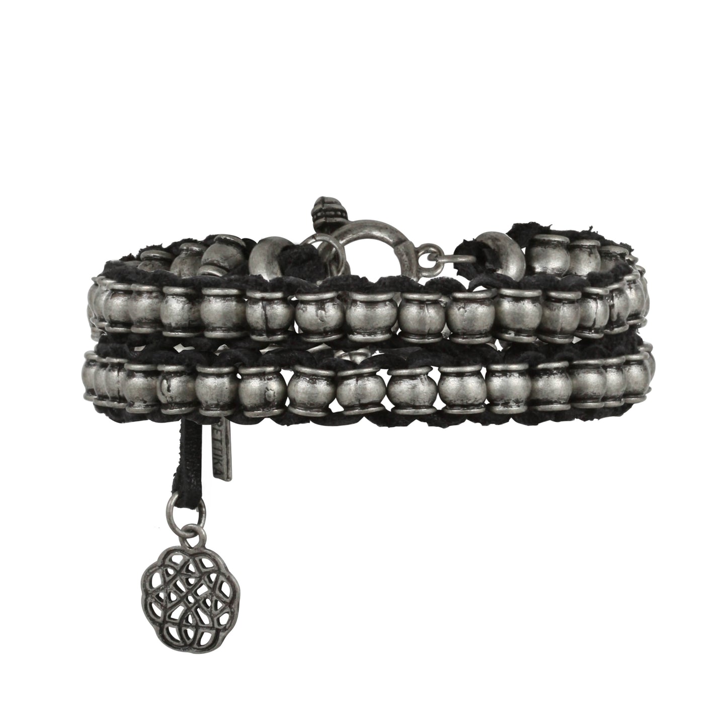 Mens Silver Collared Barrel Beaded Double Wrap Bracelet on Black Leather with Charms