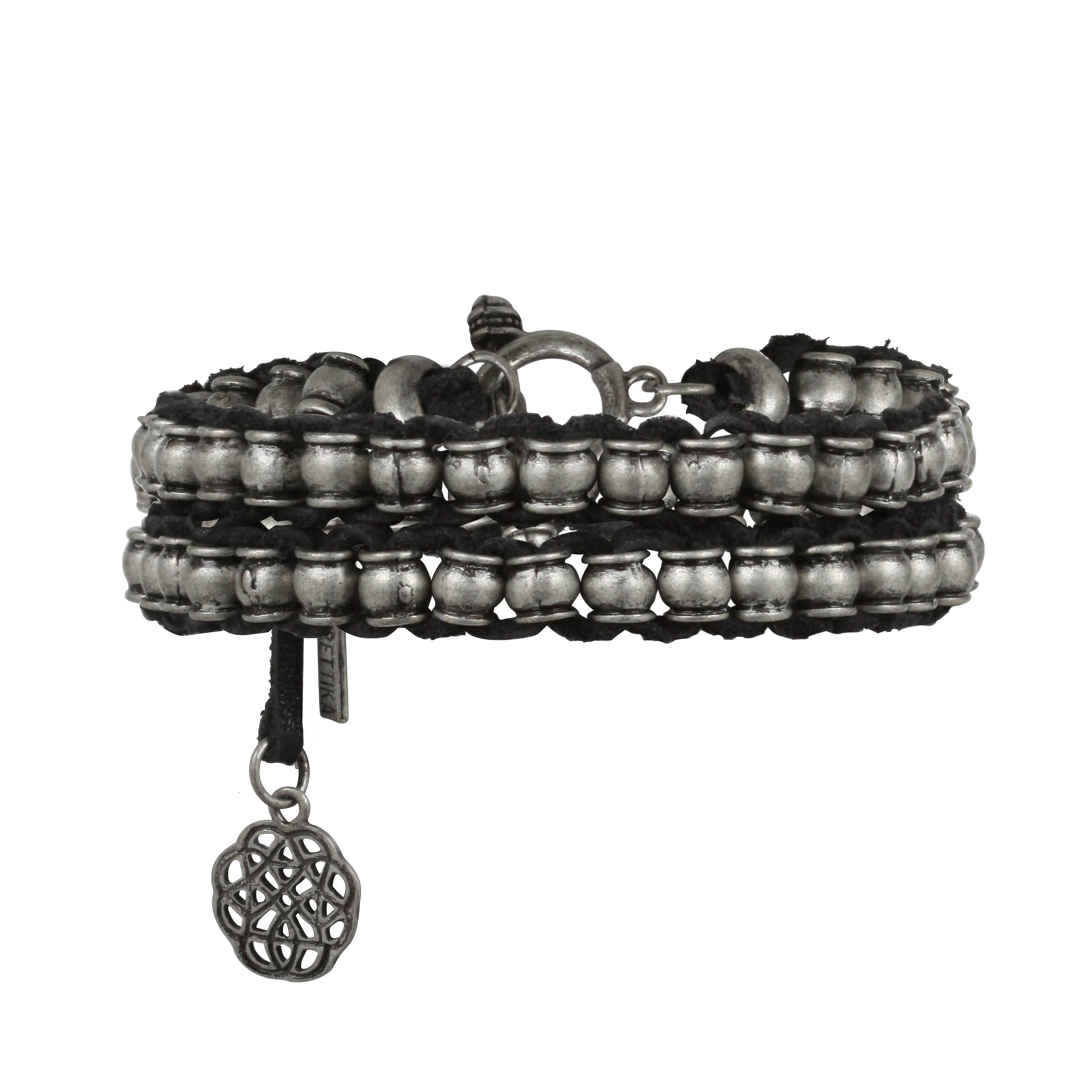 Mens Silver Collared Barrel Beaded Double Wrap Bracelet on Black Leather  with Charms