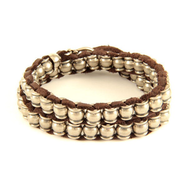 Mens Silver Collared Barrel Beaded Double Wrap Bracelet on Brown Leather with Charms