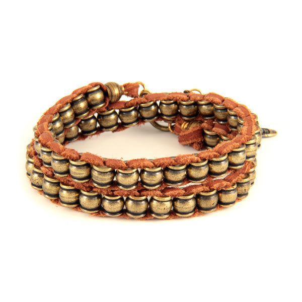 Mens Brass Collared Barrel Beaded Double Wrap Bracelet on Rust Leather with Charms