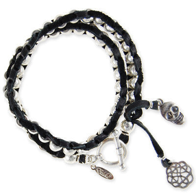 MB232 - Collared Barrel Beads Lamb Leather Wrap Bracelet with Skull and Rose Outline Charm