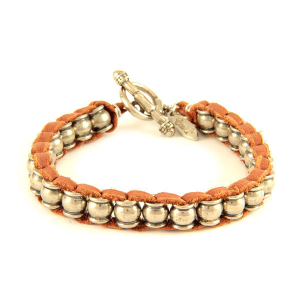 Mens Silver Collared Barrel Beaded Bracelet on Rust Leather