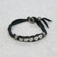 Black Leather Bracelet with Silver Faceted Beads and Donut Rings