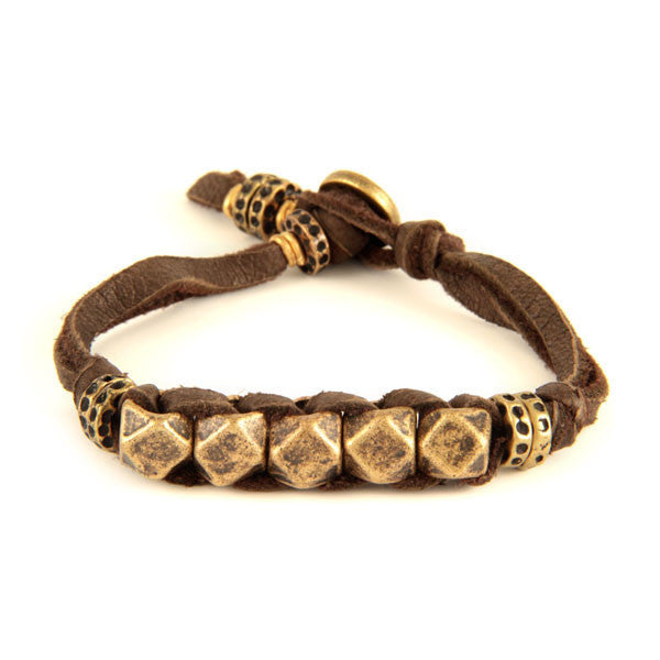 Mens Brown Leather Bracelet with Brass Faceted Beads and Donut Rings