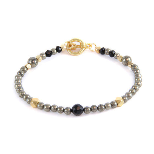 Tiny Round Pyrite and Metal Beads Toggle Bracelet