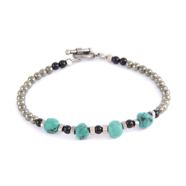 Quad Turquoise Nuggets and Tiny Round Black and Pyrite Beads Toggle Bracelet