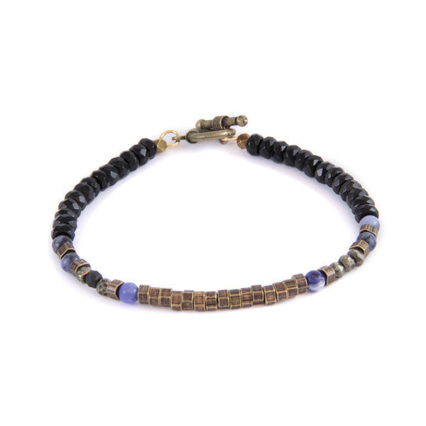 Small Black Faceted Crystals and Triangle Metal Beads with Semi Precious Stone Toggle Bracelet