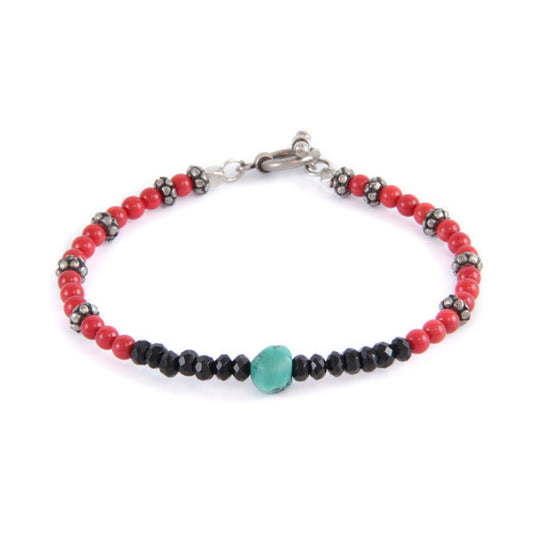 Coral Semi Precious Stone and Small Black Faceted Bead and Turquoise Accent Toggle Bracelet