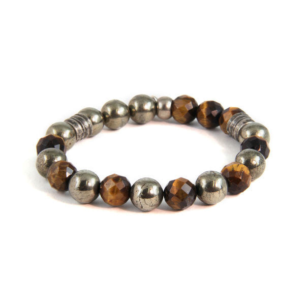 Large Faceted Tiger's Eye Bead with Big Round Pyrite Bead with Metal Accent Bead Stretch Bracelet