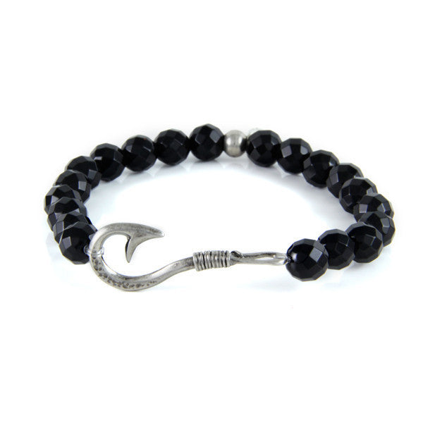 Fisherman's Hook Onyx Faceted Beads Stretch Bracelet