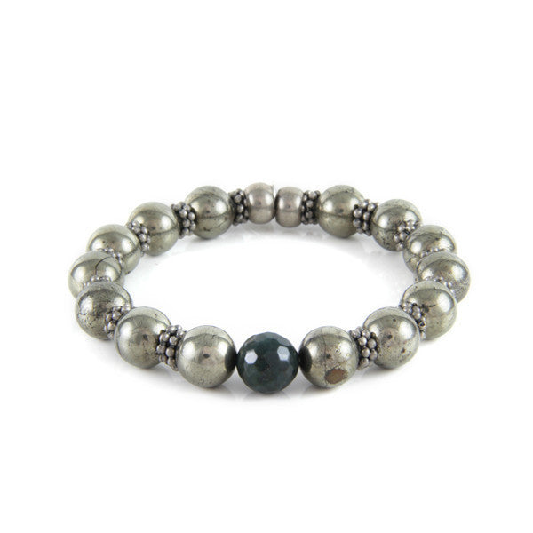 Large Faceted Green Marble Accent Bead Pyrite and Metal Bead Stretch Bracelet