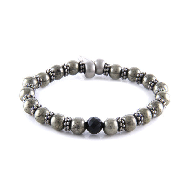 Large Faceted Black Marble Accent Bead Pyrite and Metal Bead Stretch Bracelet