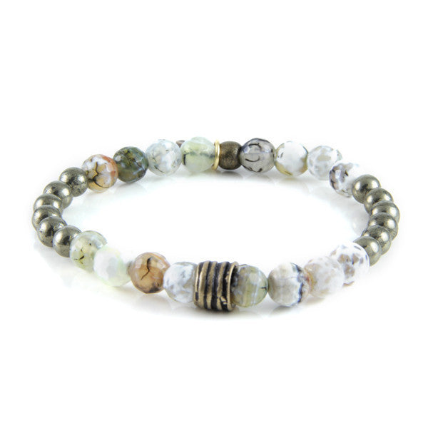 White and Green Faceted Marble Bead Stretch Bracelet with Round Pyrite Beads