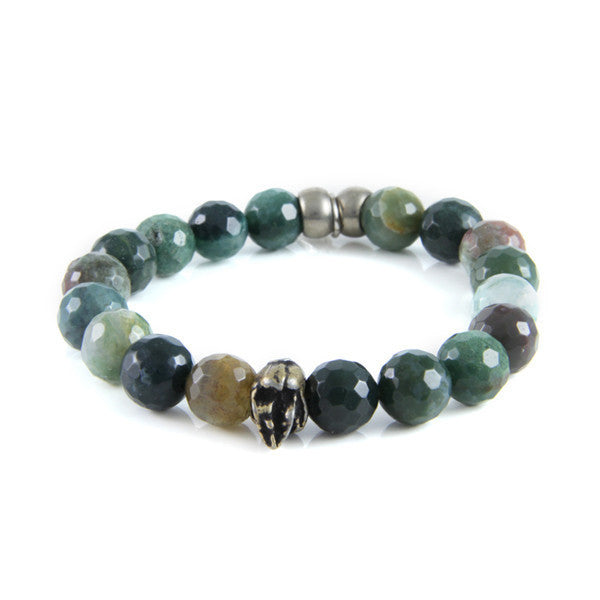 Large Dark Faceted Marble Beads with Tiny Skull Charm Stretch Bracelet