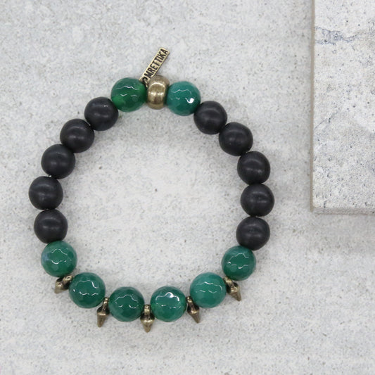 Mens Black Agate and Large Dark Faceted Marble Beads with Tiny Nugget Spikes Stretch Bracelet
