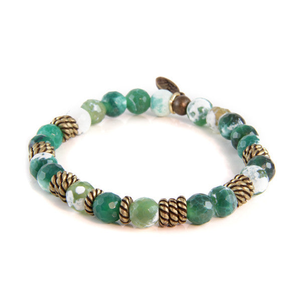 Green Marble Faceted Bead and Metal Spacers Stretch Bracelet