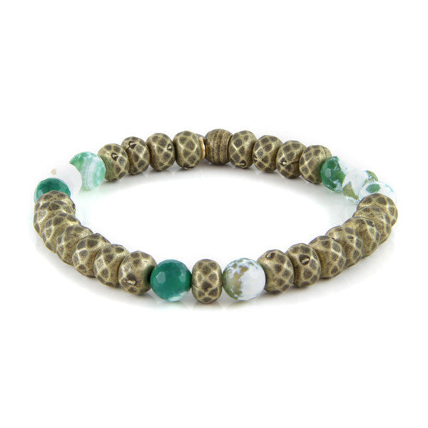 Multi Faceted Metal Beads with Green Marble Accent Beads Stretch Bracelet