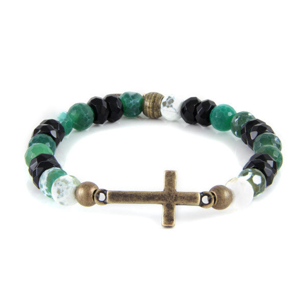 Green Faceted Marble Bead and Black Faceted Crystal Stretch Bracelet with Cross Charm
