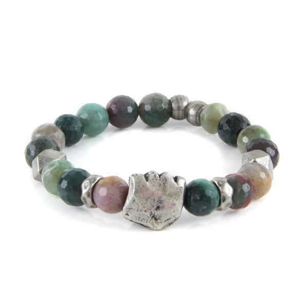 Green Large Faceted Marble and Metal Accent Bead with Fist Charm Stretch Bracelet