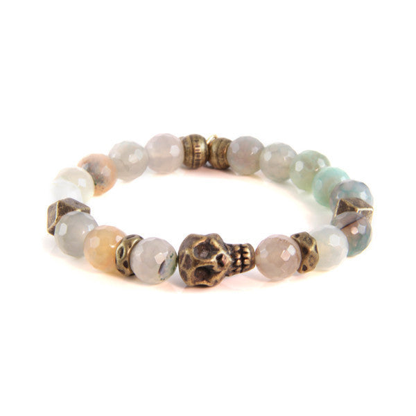 Red Large Faceted Marble and Metal Accent Bead with Skull Charm Stretch Bracelet