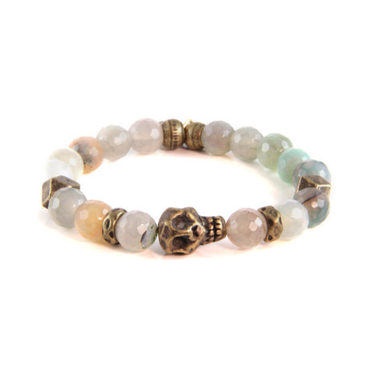 Red Large Faceted Marble and Metal Accent Bead with Skull Charm Stretch Bracelet