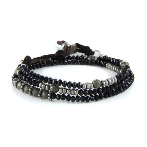 Small Black Faceted Crystals and Pyrite Crystals with Metal Accents Wrap Around Bracelet