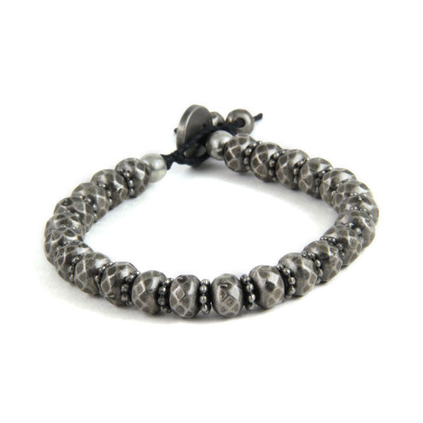 Silver Multi Faceted Donut Beads Button Closure Bracelet
