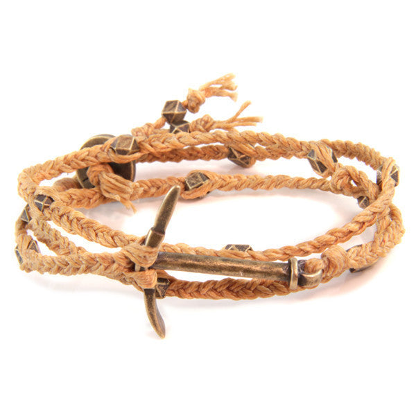 Miner's Pick Ax Braided Butterscotch Irish Linen Wrap Around Bracelet