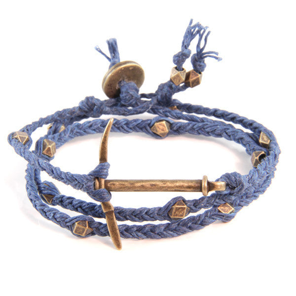 Miner's Pick Ax Braided Denimk Irish Linen Wrap Around Bracelet