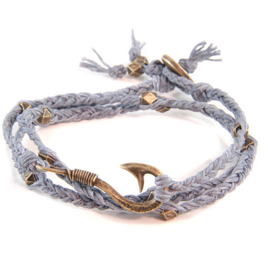 Fisherman's Hook Braided Grey Irish Linen Wrap Around Bracelet