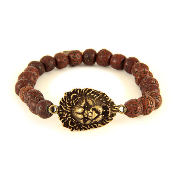 Mens Brown Beaded Elastic Bracelet with Brass Lion Head Charm
