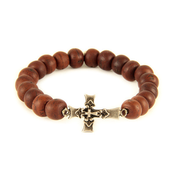 Mens Light Brown Beaded Bracelet with Brass Triple Cross Charm