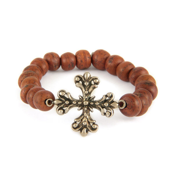 Bodhi Seed Elastic Bracelet with Silver Flower Cross Charm