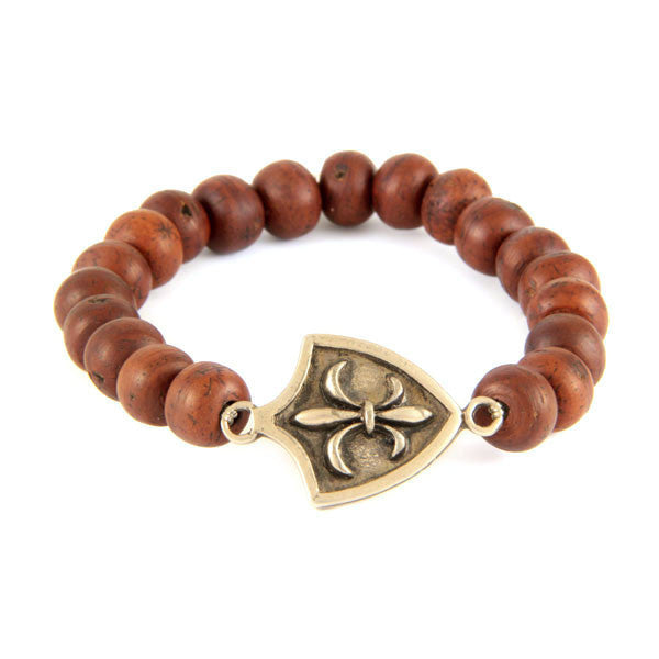 Bodhi Seed Elastic Bracelet with Silver Fleur De Lys Shield Charm