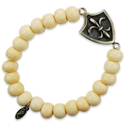 White Bone Bead Elastic Bracelet with Silver Fleur De Lys Shield Charm