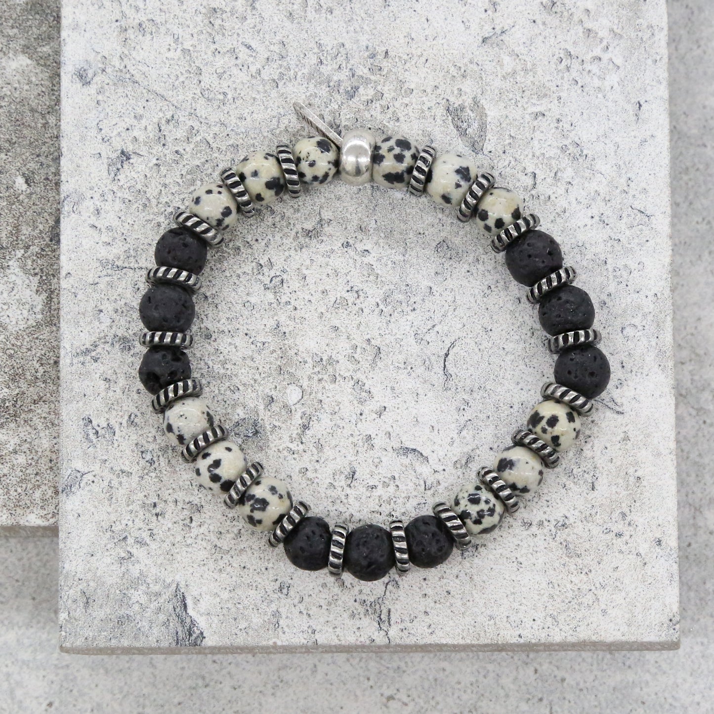 Mens Combination Lava Beads Donut Rings and Semi Precious Dalmatian Stone Bead Stretch Bracelet