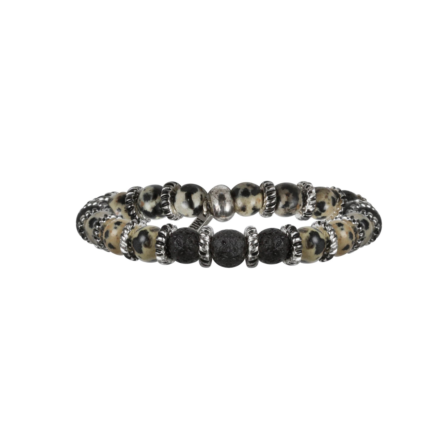Mens Combination Lava Beads Donut Rings and Semi Precious Dalmatian Stone Bead Stretch Bracelet