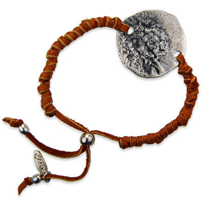 MB381- Adjustable Deerskin Leather Bracelet with Weathered  Disc Charm