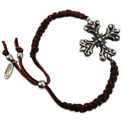 MB383 - Adjustable Deerskin Leather Bracelet with Flower Cross Charm